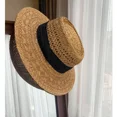 thumbnail image 3 of Sombrero de paja hecho a mano para mujer, nuevo estilo, Riviera francesa, vacaciones en la playa, tejido calado, gorra con protección solar superior plana, talla grande, 3 of 5