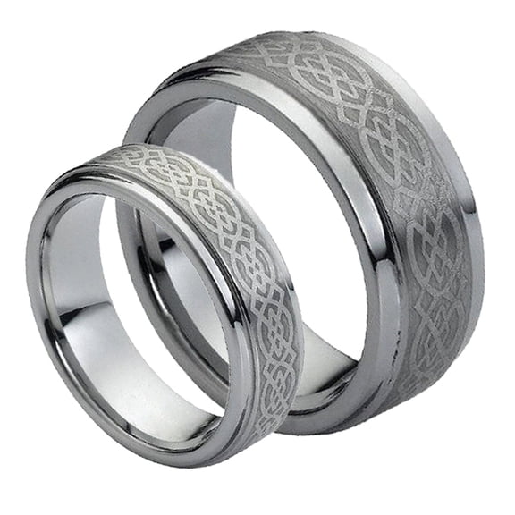Matching Mens and Ladies Laser Etched Celtic Design Tungsten Carbide Wedding Band Ring Set