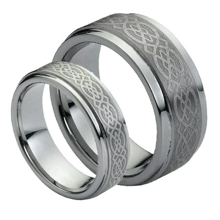 - His & Her's 8MM/6MM Tungsten Carbide Wedding Band Ring Set w/Laser Etched Celtic Design