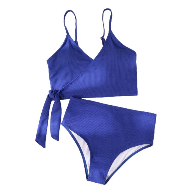 Cheers Ribbed Spaghetti Straps Quick Drying Women Bikini Set Cross Wrap Lace-up Bra High Waist Briefs Bathing Suit for Swimming Pool