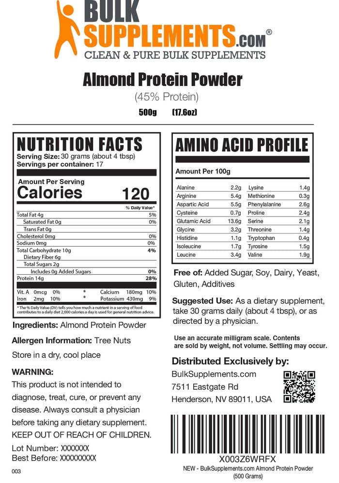 BulkSupplements Almond Protein Powder, Plant-Based Protein, 1kg, 33 Servings