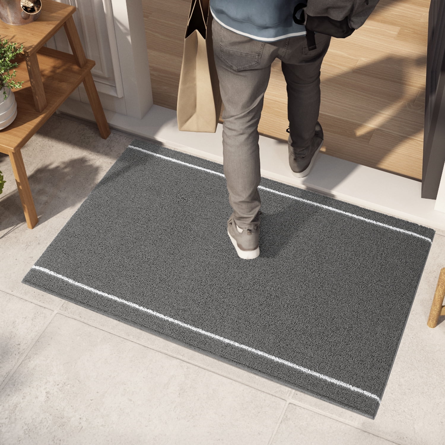 PABUBE Outdoor Doormat, Non-Slip Waterproof Welcome Mat, Heavy Duty Low Profile Dirt Trapper Entry Rug for Front Door Entryway, Porch, Patio, 17"x 29" , Gray