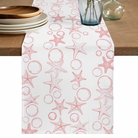 Pink Coastal Cotton Linen Table Runner for Dining Kitchen, Starfish Nautical Ocean Sea Wooden Wedding Outdoor Party Tablerunners Decoration, Dresser Scarf Coffee Tablecloth Runners 13x36 Inches