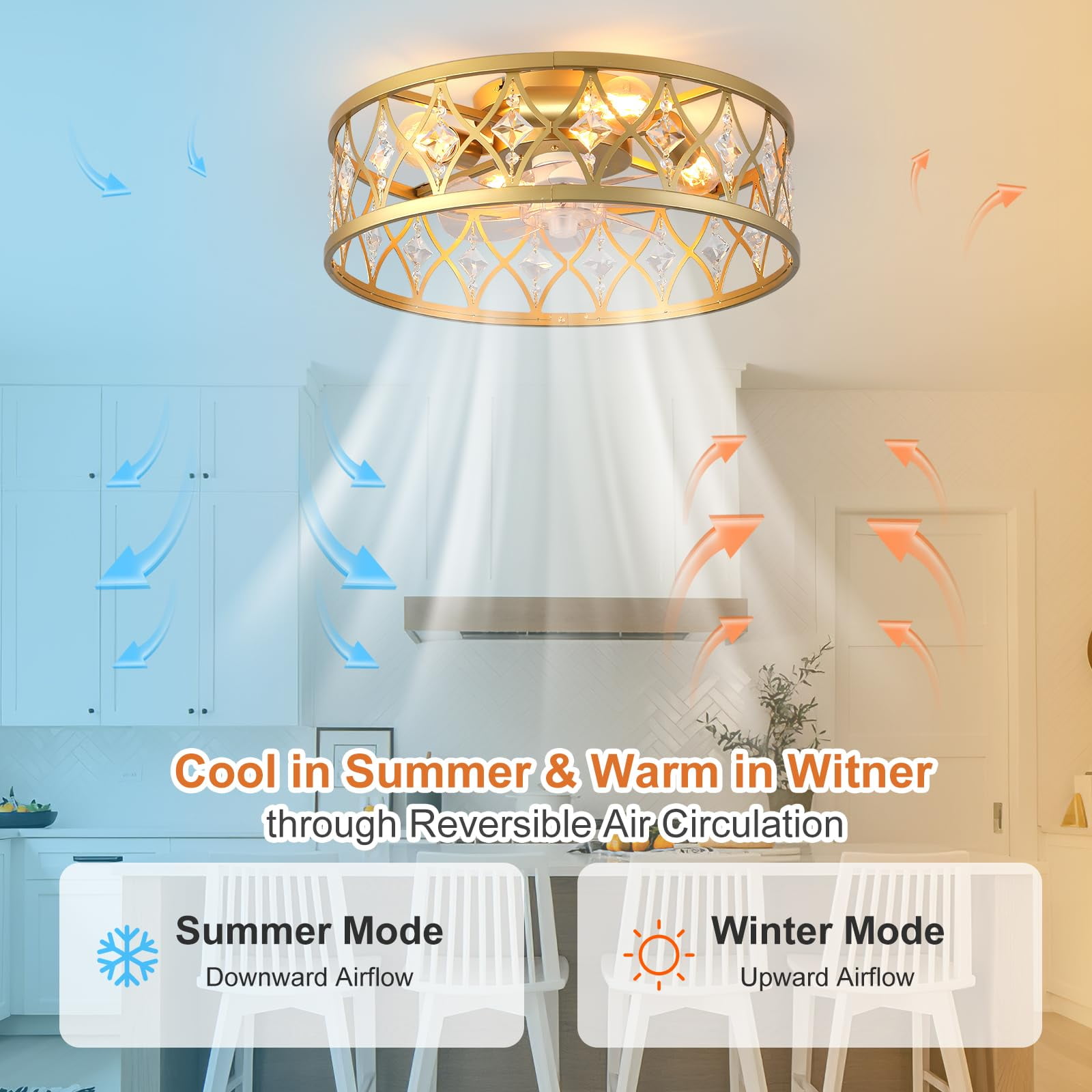 Garwarm 20" Gold Crystal Ceiling Fan with Lights and Remote, Flush Mount Fandelier, Low Profile Caged Bladeless Ceiling Fan for Bedroom, Living Room, Kitchen