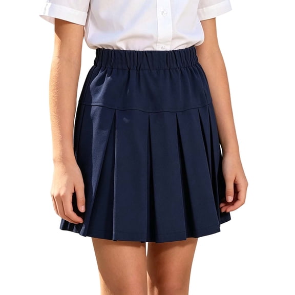 Floleo Girls’ Elastic Waist Pleated Uniform Skirt Kids Classic A-Line School Skirt Breathable Solid Color Casual Skirt Versatile Skirt for School Parties and Daily Activities(Navy,4 Years)