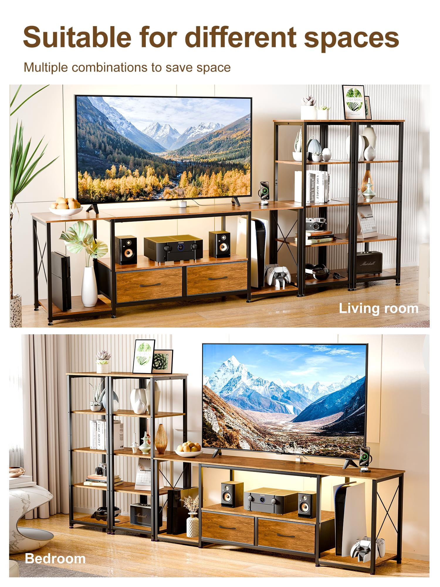 FEXIA TV Stand for TVs up to 65 Inch Entertainment Center with 2 Bookshelves Rustic Farmhouse Modern TV Console with 2 Fabric Drawers, LED Lights & Power Outlets for Living Room