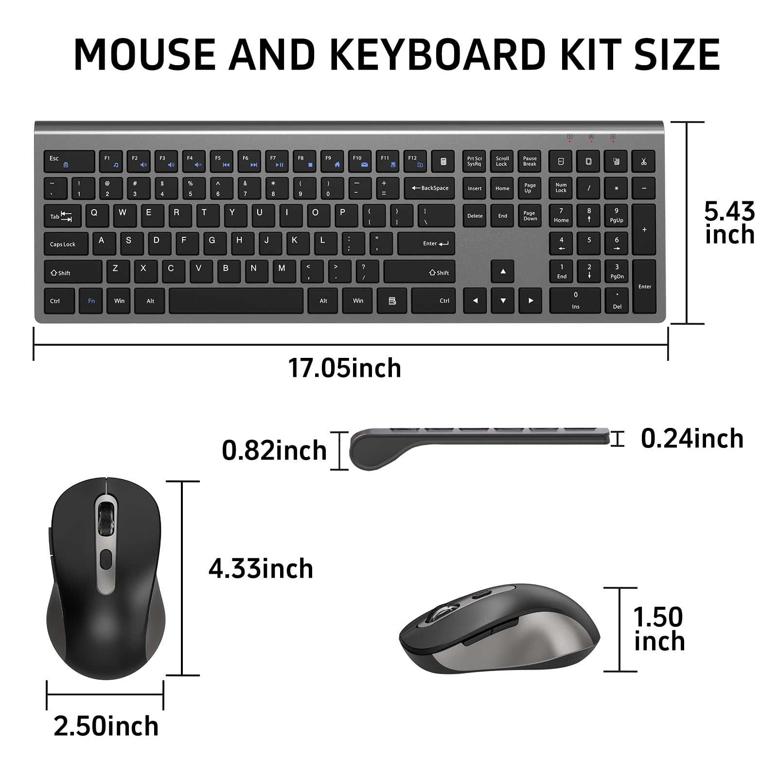 Wireless Mouse and Keyboard Combo, Full-Size Computer Keyboard with Calculator Button, 2400 Dpi Ergonomic Mouse, Ultra-Thin Cordless USB Keyboard and Mouse Set for Laptop Windows Mac - Black Gray