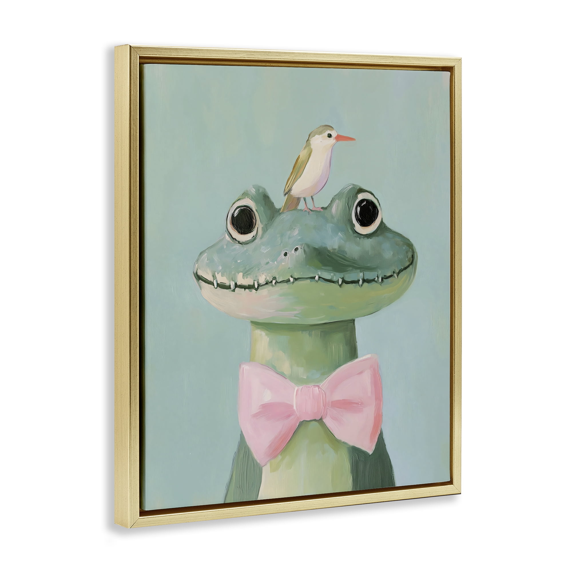 Stupell Industries Crocodile & Bird with Bowtie Gold Framed Floater Canvas Wall Art, design by The Prints Vibe