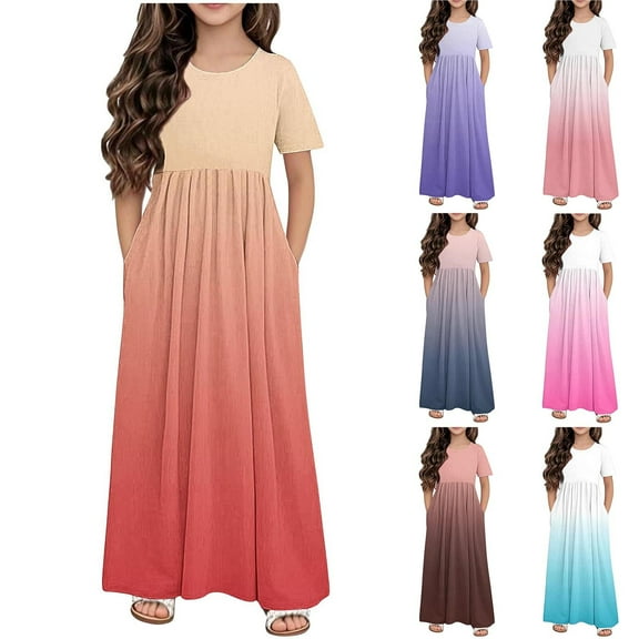 Ashirexll Girls Summer Dress, Girls Dresses Size 10-12, Fashion Children Gradient Color Short Sleeve Round Neck Dress with Pockets Casual Long Dresses