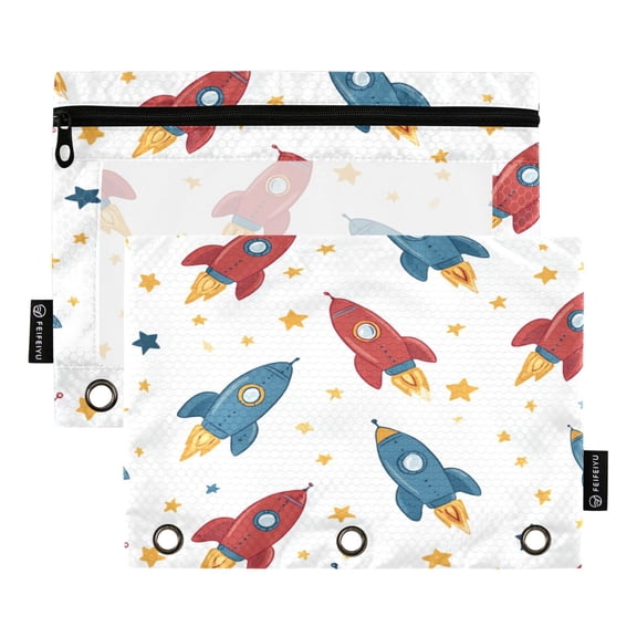 2 Pack 3 Ring Binder Pouch with Clear PVC Window Water Resistant Zipper Pencil Pouch Cosmic Adventure Collage Binder Pocket for Classroom Office Home Stationery Organization