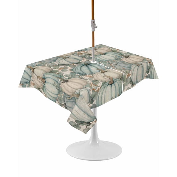 Outdoor Table Cloth with Umbrella Hole and Zipper,Aqua Pumpkins Fall Waterproof Rectangle Tablecloth 60"x102",Thanksgiving Eucalyptus Leaves Rustic Washable Table Cover for Outside Party Patio Picnic