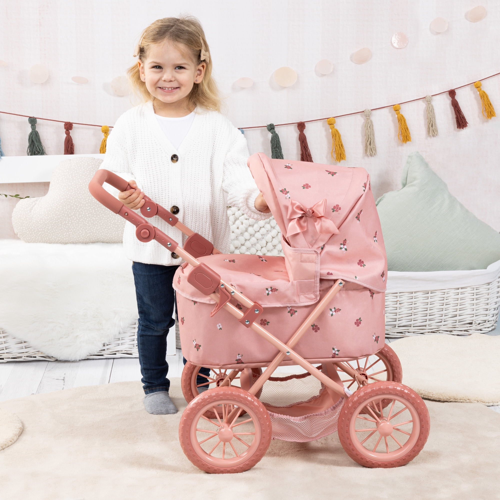 Bayer Design: Doll Pram Trendy - Pink & Flowers - Play Push Stroller, Handbag, Adjustable Handle, Foldable, Toy Care Accessory Fits 18" Dolls, Kids 3+