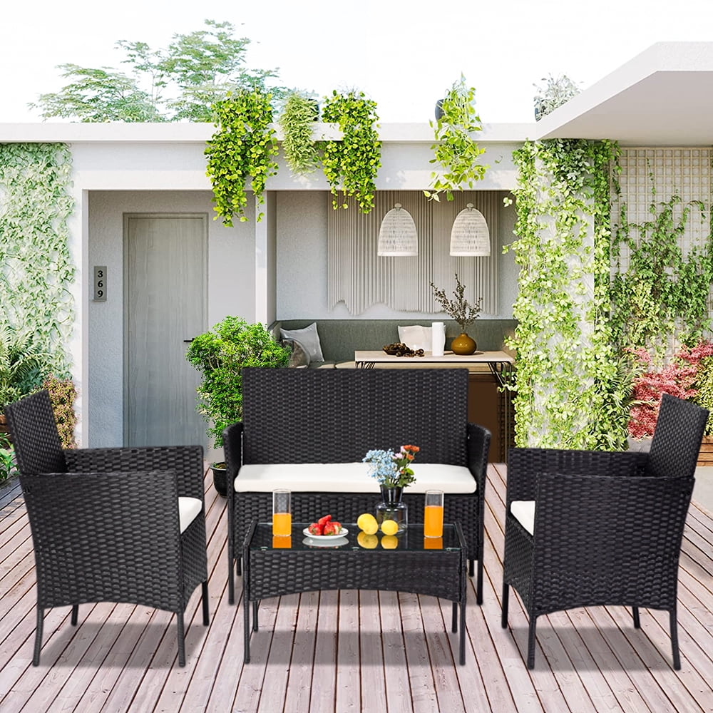 4 Piece Outdoor Patio Furniture Set With Loveseat Coffee Table And 2 Armchairs All Weather Rectangle Patio Sofa Wicker Set With Cushions For Backyard Porch Garden Pool L Walmart Com