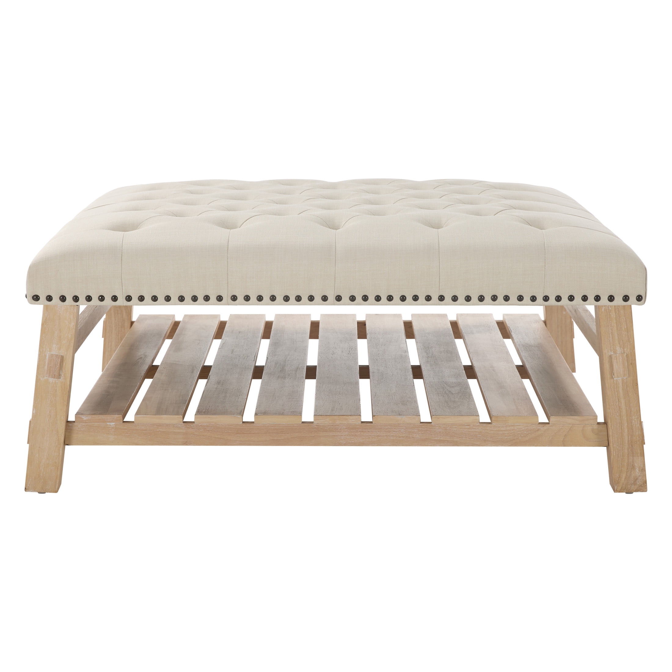 Noble House 41.5" Square Tufted Wooden Ottoman Coffee Table with Storage Shelf, Linen Upholstered Footstool, Beige