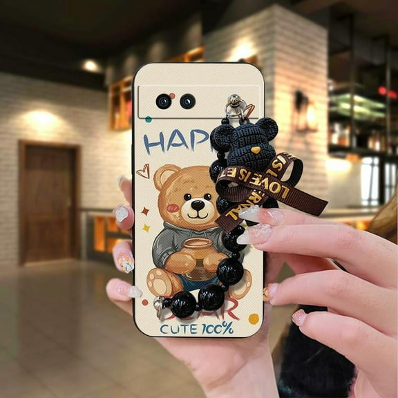 LYM-Phone Case For Google Pixel 8A, Waterproof Back Cover Dirt-resistant Bear bracelet Cartoon Skin-friendly feel cute protective case soft case Black pearl pendant Anti-knock Simplicity