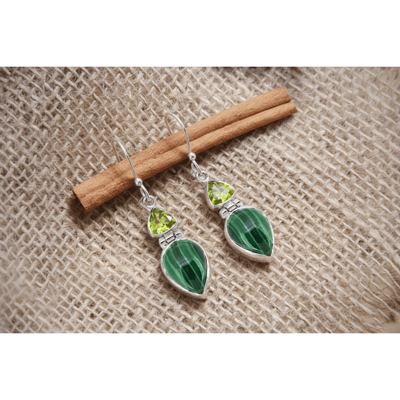 Sechi Malachite and Peridot Dangle Earrings in Sterling Silver, Teardrop Earring Gemstone Jewelry for Women