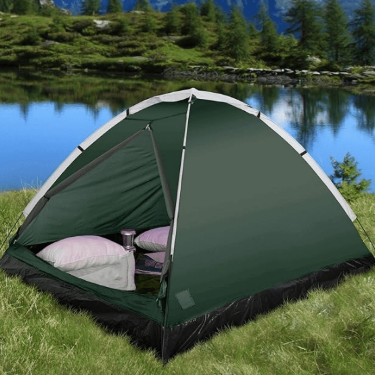 2 Person Camping Tent with Rain Fly and Carrying Bag - Lightweight Outdoor Tent for Backpacking, Hiking, or Beach Use by Wakeman Outdoors (Green)