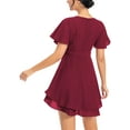 thumbnail image 6 of Aiyino Women's Dress Deep V-Neck Short Sleeve Waist Tie Ruffle Mini Swing Skater Dresses,Wine Red, 6 of 9