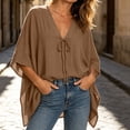 thumbnail image 5 of VBVC Women's Cotton Linen V Neck Tie Front Tunic, Ladies' Loose Batwing Sleeve Blouse, Casual Asymmetrical Vacation Top For Women, Coffee , S-2XL, 5 of 10
