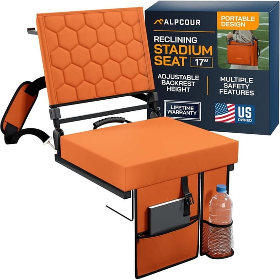 Folding Reclining Stadium Seat with Back Support for Bleachers 3 Reclining Positions Portable Outdoor Chair with Pockets