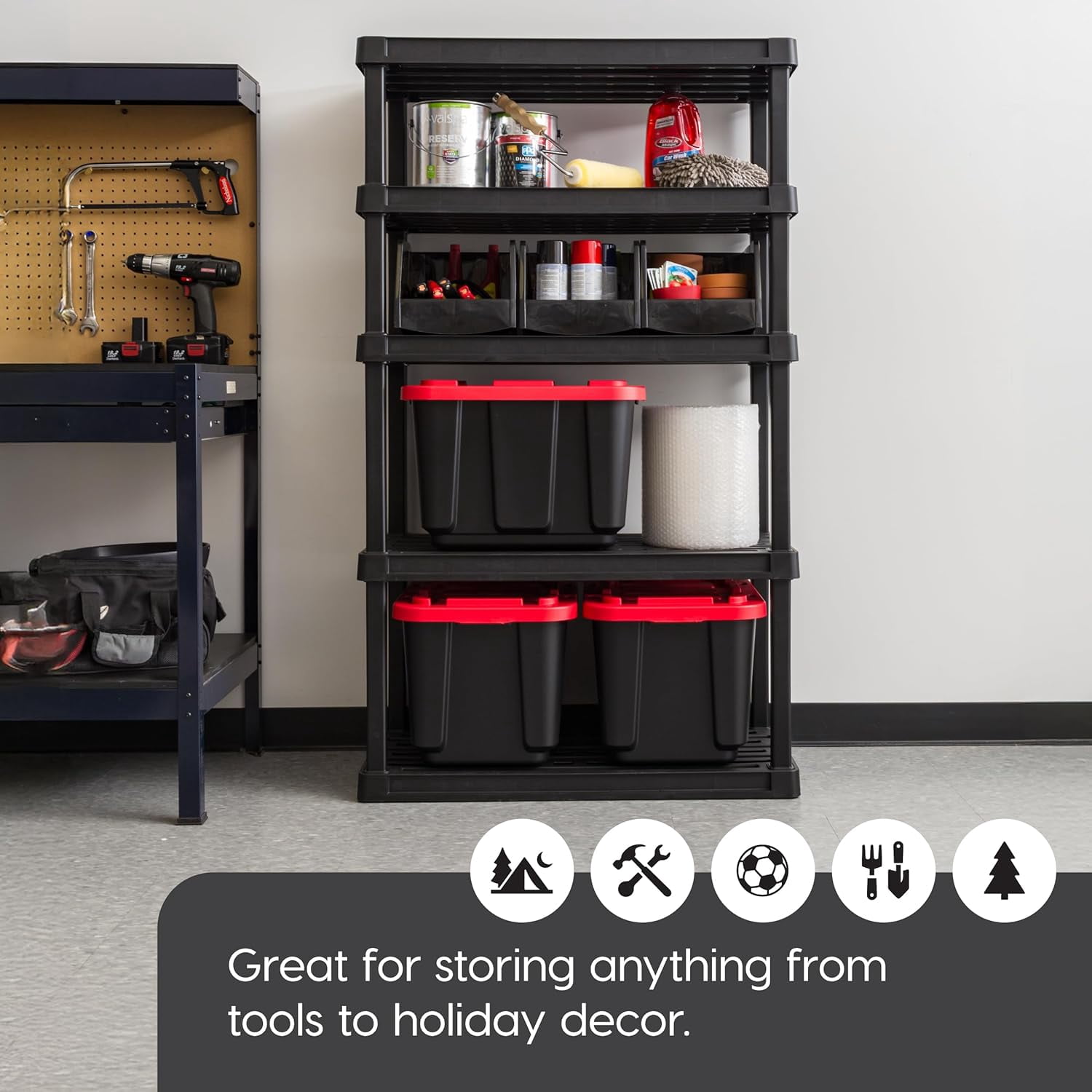IRIS 5 Shelf Heavy Duty Plastic Storage Shelves, 750lb Capacity, Large Modular Shelving Unit Storage Organizer, Black