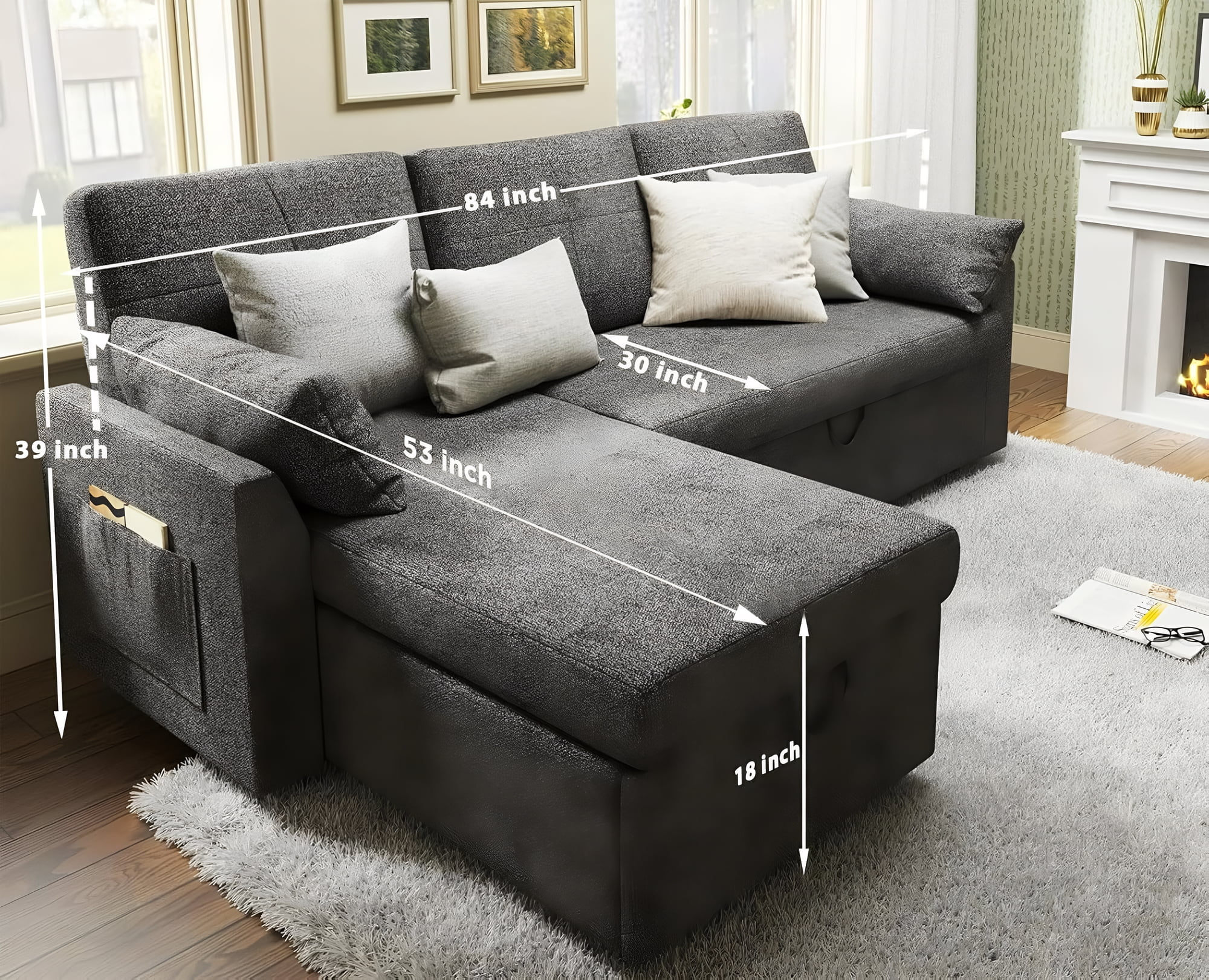 VANACC Sleeper Sofa Bed 2 in 1 Pull Out with Storage Chaise for Living Room, , Grey Chenille Couch