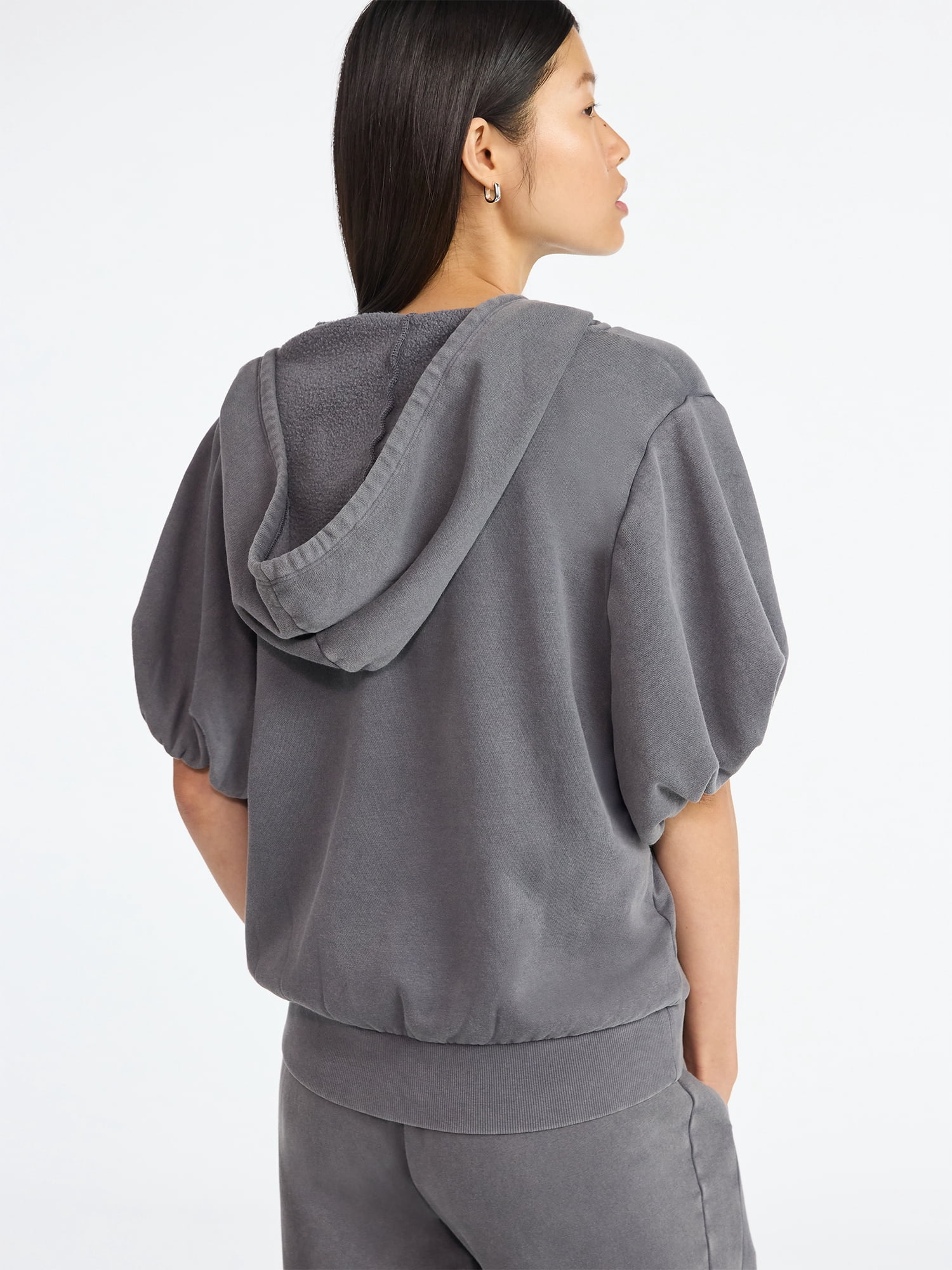 Scoop Women’s Mineral Washed Zip Hoodie with Short Puff Sleeves, Sizes XS-XXL