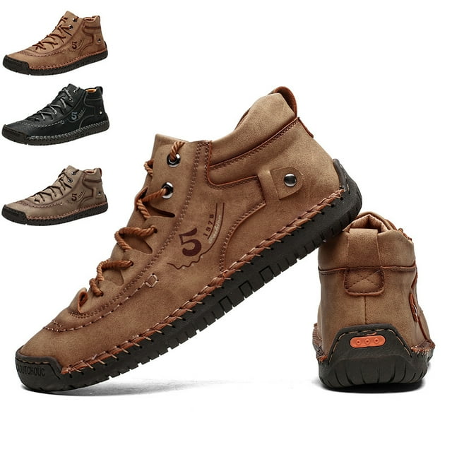 Men's Faux Leather Stitch Non Slip Ankle Boots Lace Up Walking Shoes ...