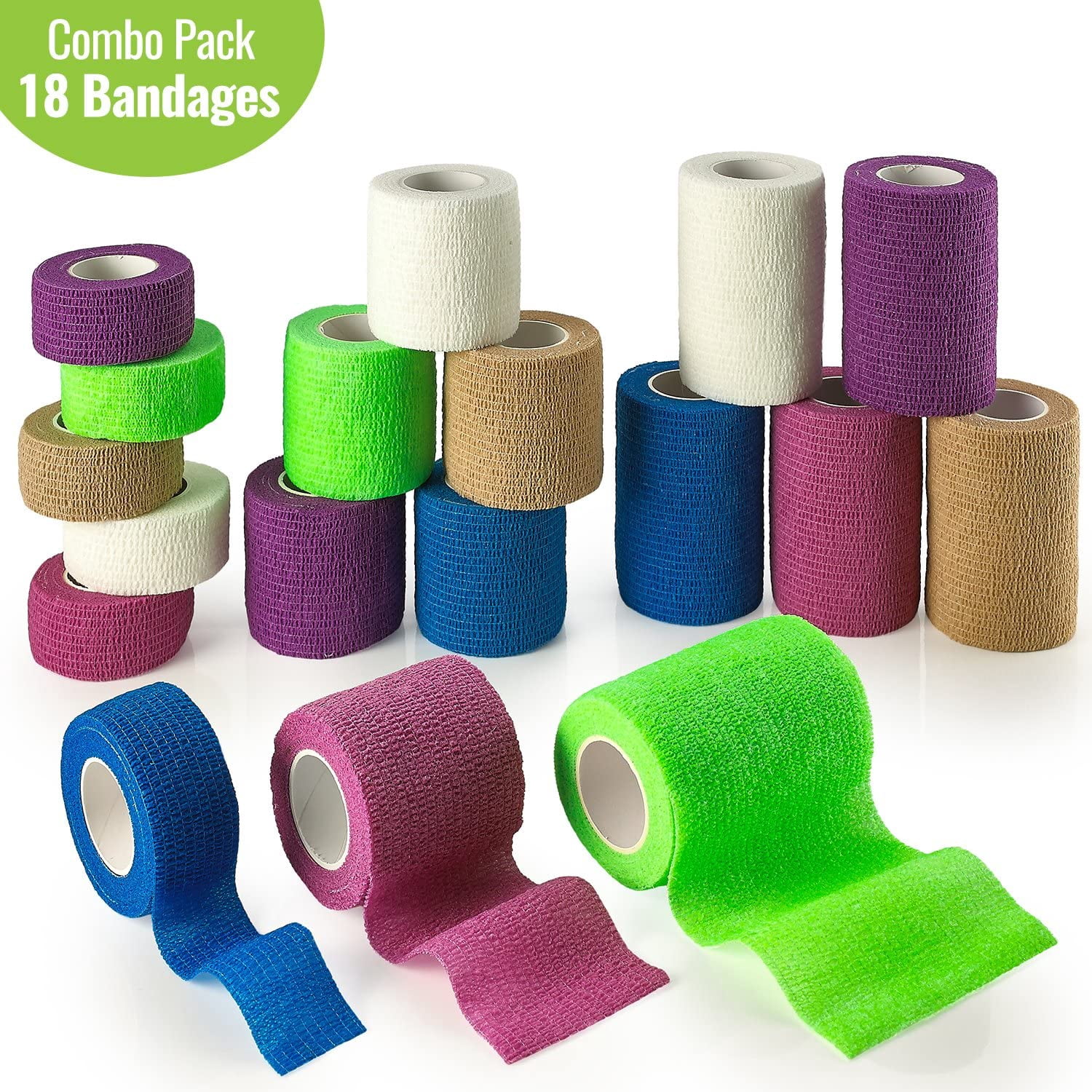 MEDca Self Adhesive Bandage, 1" 2" 3" Sizes, 18 Count, 5 Yards Each Roll
