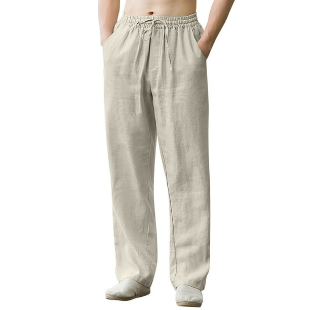 Pantalones informales de lino con cordón para hombre - Cintura elástica, bolsillos laterales - Ligeros y transpirables - Para la playa, el yoga y el verano