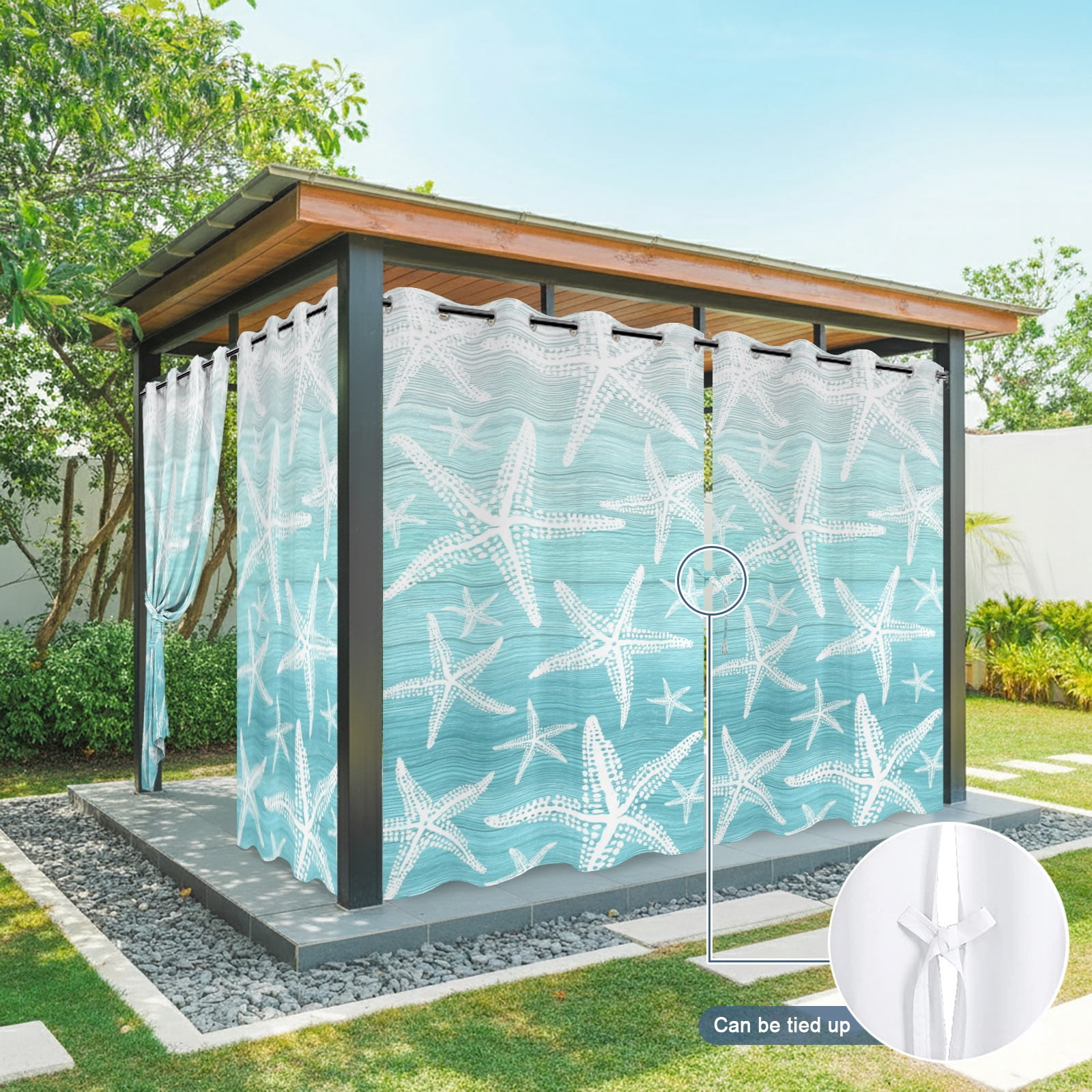 Coastal Teal Starfish Outdoor Curtains for Patio, Nautical Ocean Summer Minimalist Gradient Sunshade Privacy Drapes Grommet Waterproof Outside Curtains for Porch/Cabana/Balcony 54"x 108", 1 Panel