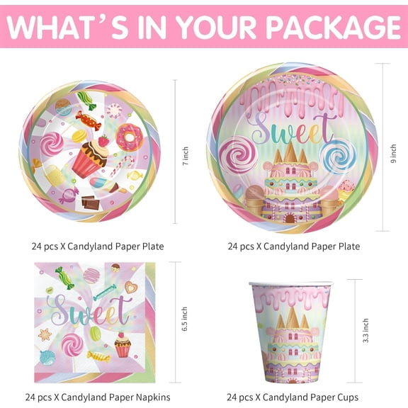 YUYAN-Candyland Party Decorations Tableware GIrl - Candy Sweet Birthday Party Supplies, Paper Plate, Cup, Napkin, Tablecloth, Cutlery, Straw, Cake Donut Candy Land Theme Party Supplies | Serve 24