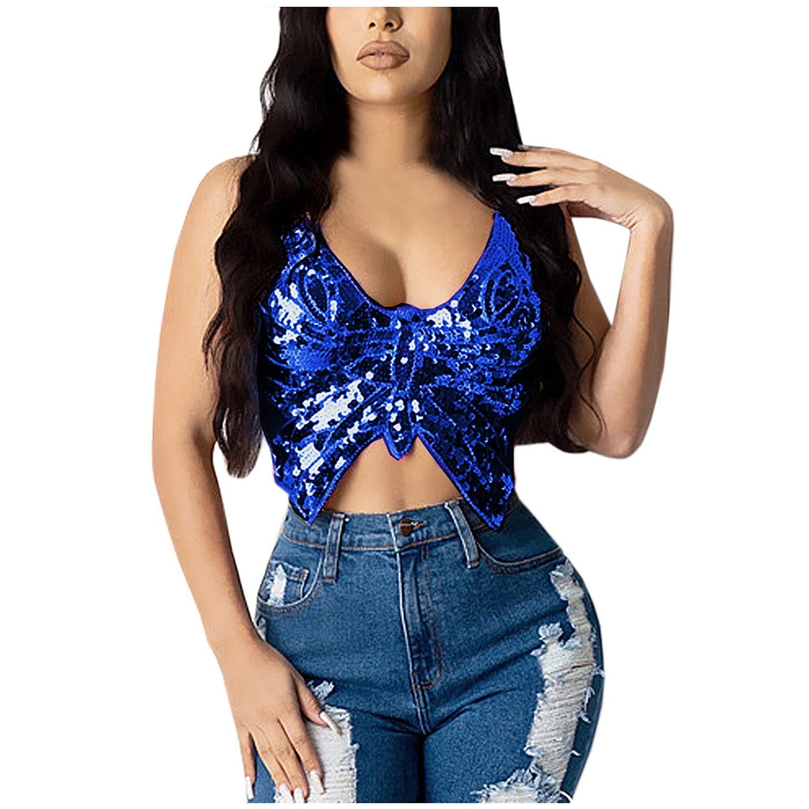 Fsqjgq Women Crop Top Club Sparkly Sequin Camisole Low Cut
