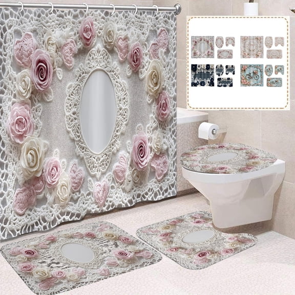 Yeciiwht Valentines Day Bathroom Four-piece Set, Bathroom Rugs U-shaped Pad Toilet Seat Shower Curtain, Exquisite Print Bathroom Set Supplies for Home Room Decor