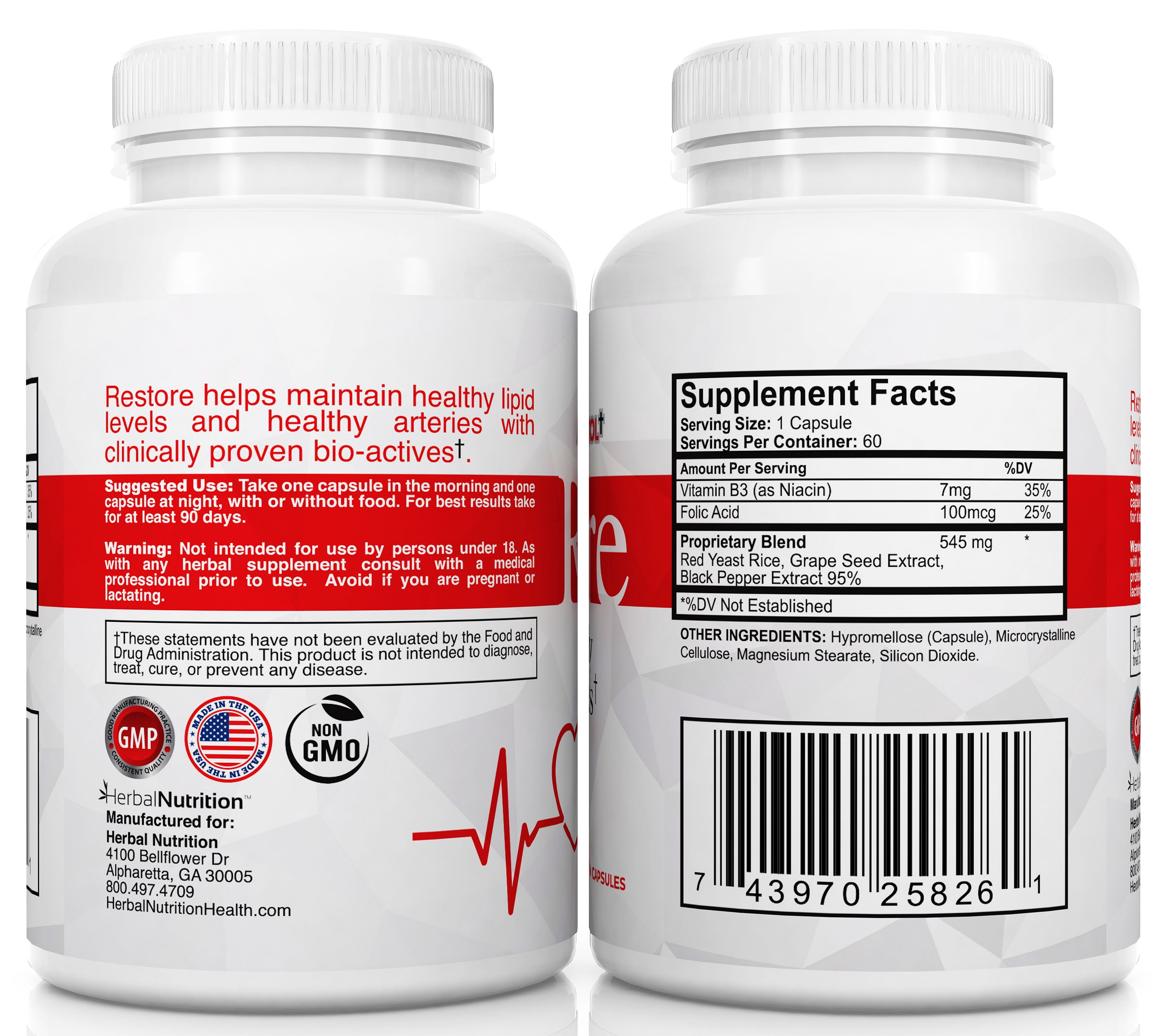 Restore - Supports Healthy Cholesterol, Red Yeast Rice, Grape Seed, Folic Acid for Advanced Lipid Control, All-Natural Bio-Actives, Helps Promote Healthy Cholesterol (One Bottles)