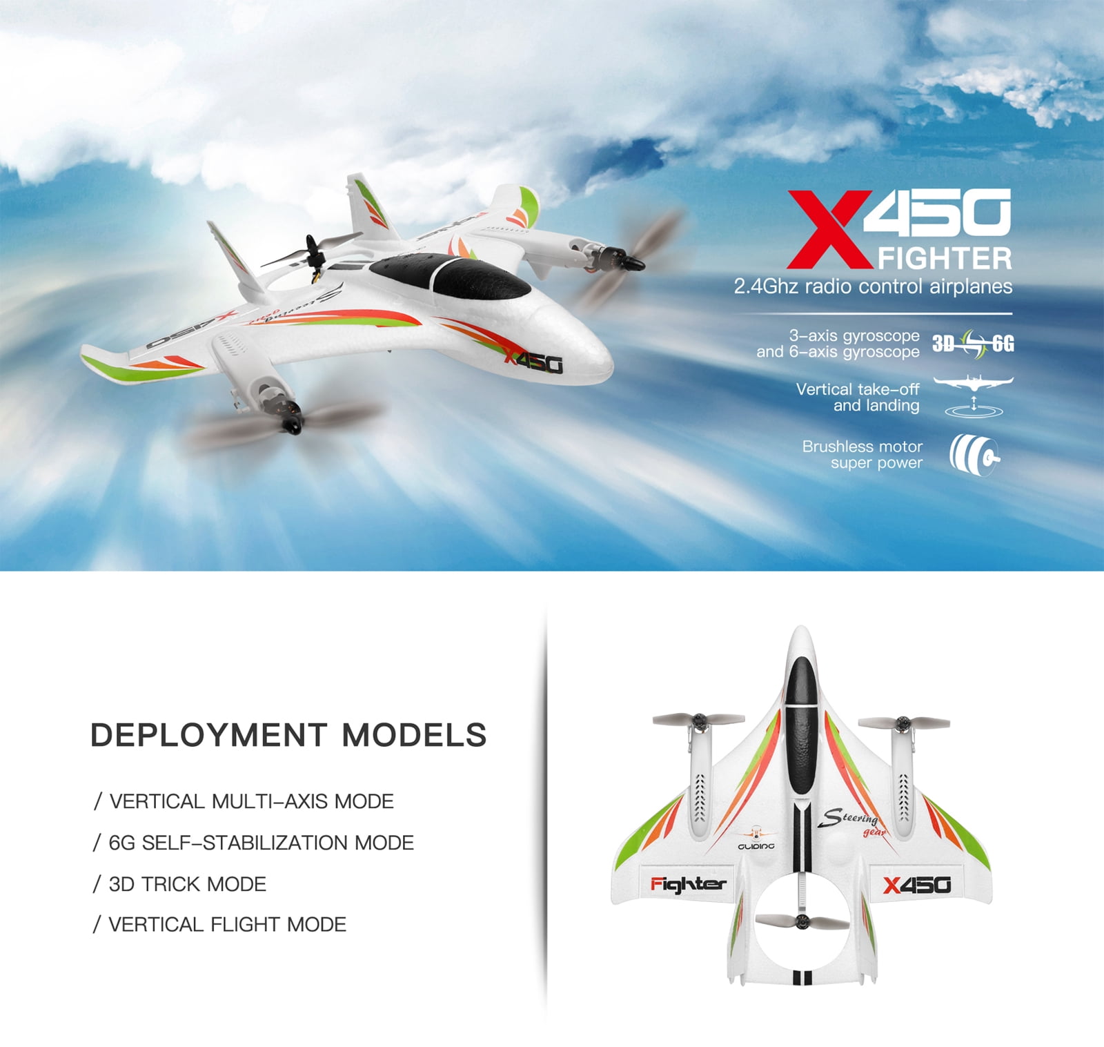 X450 RC Airplane, 2.4G Remote Control 6 Channel Brushless Motor Aircraft, Vertical Takeoff LED RC Glider Fixed Wing Plane RTF