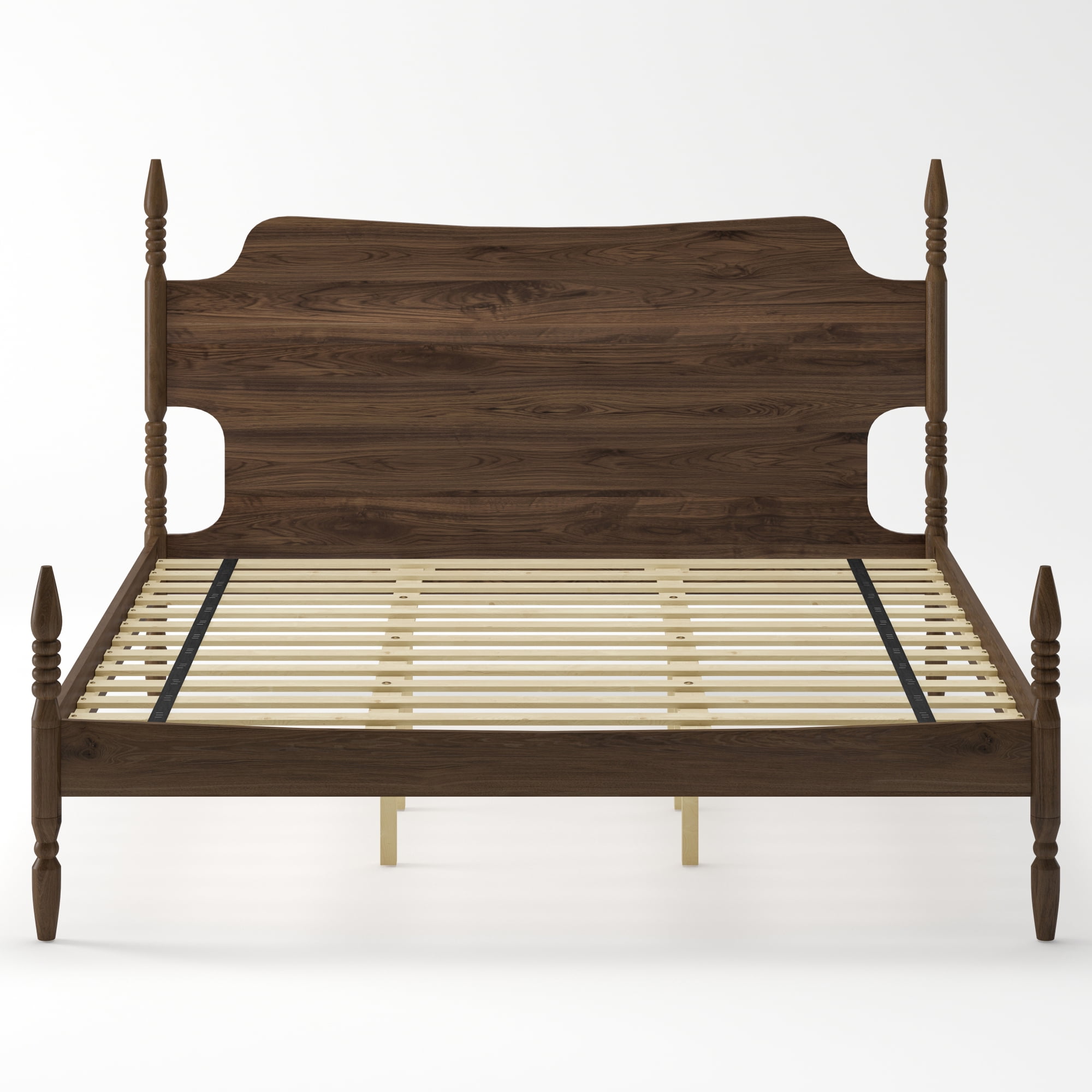 Leumius King Size Platform Bed Frame, Spindle Bed with Curved Tall Headboard, No Box Spring Needed, Retro Four Poster Bed for Teens Adults Walnut