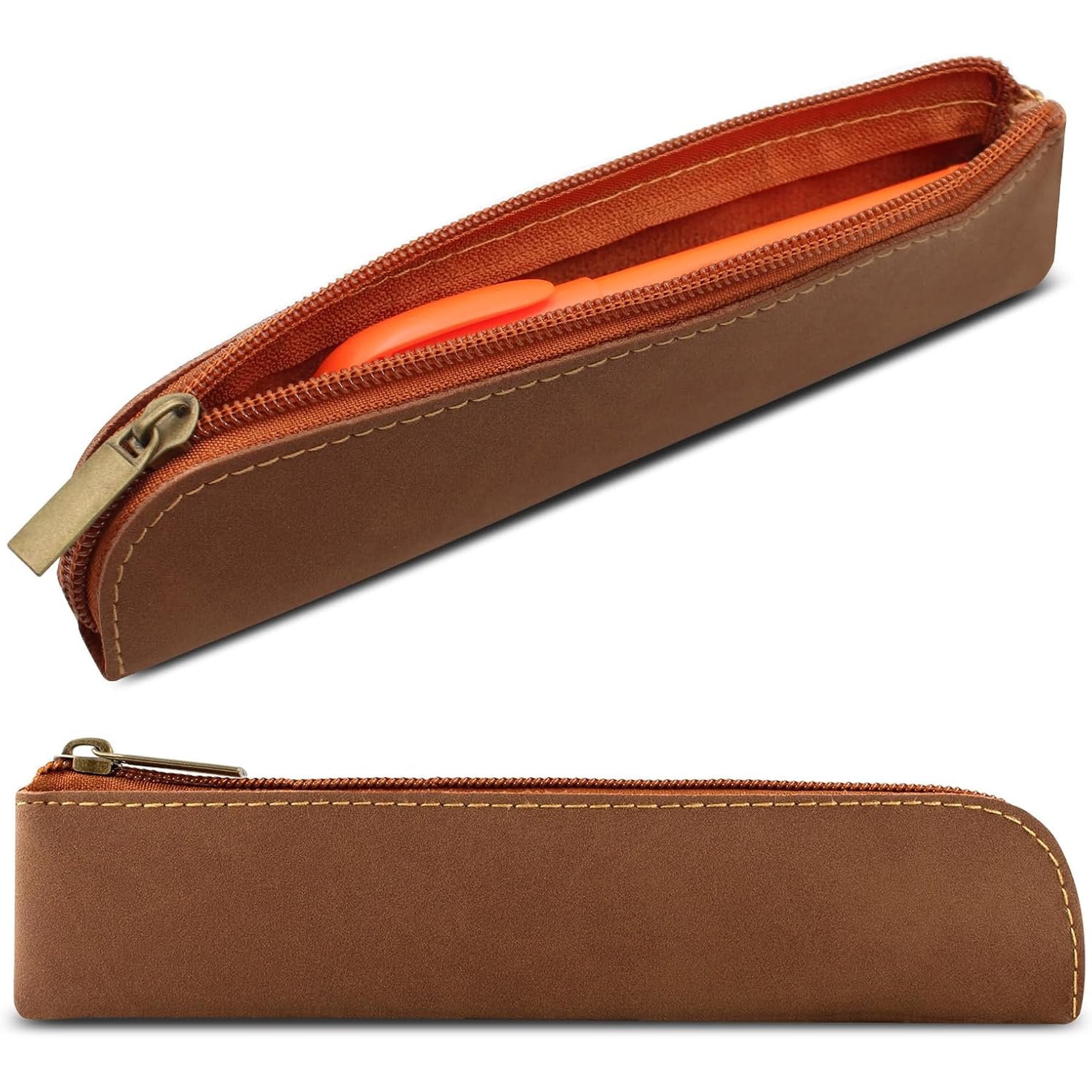 Faux Leather Pen Pouch Business Stationery Bag Brown | Retro Style Compact Size Smooth Zipper. Holds Pens Erasers Rulers. Ideal For Office Travel Drawing (1 Pc)