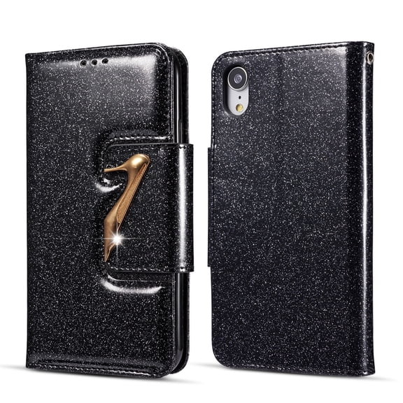 iPhone XR Case Wallet, iPhone XR 2018 Case, Allytech Glitter Bling Leather Cover Folio Credit Card Holder Wristlet Shockproof Protective Phone Case for Apple iPhone XR (6.1") (Black)