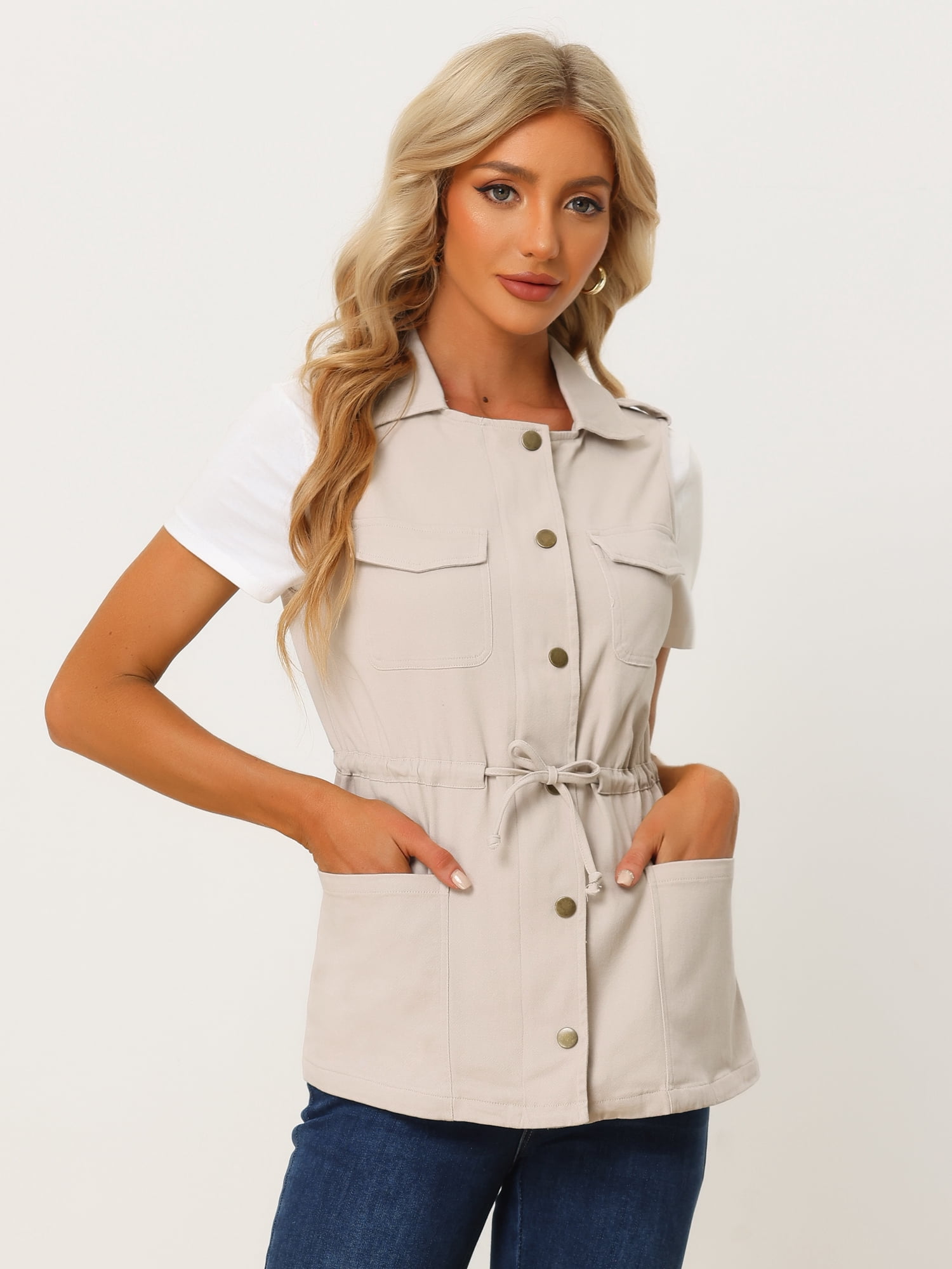 DARING DIVA Women Functional Pockets Drawstring Waist Cargo Vest XL Beige