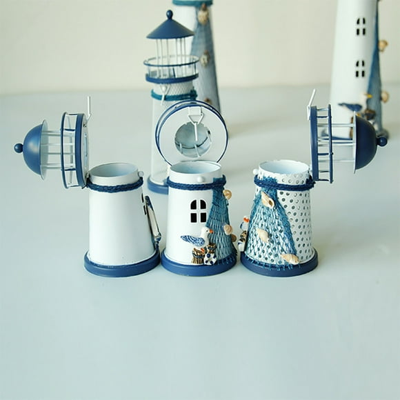 Agiferg Mediterranean Lighthouse Iron Candlestick Bleu Blanc Décoration de Table Nouveau