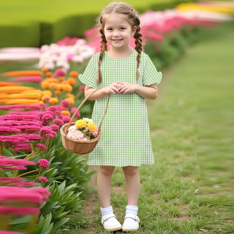 Annhoo Children's Dresses Kids Girls Plaid Round Neck Puff Short Sleeve Summer Casual Cute Flowy Dresses 3-12 Years