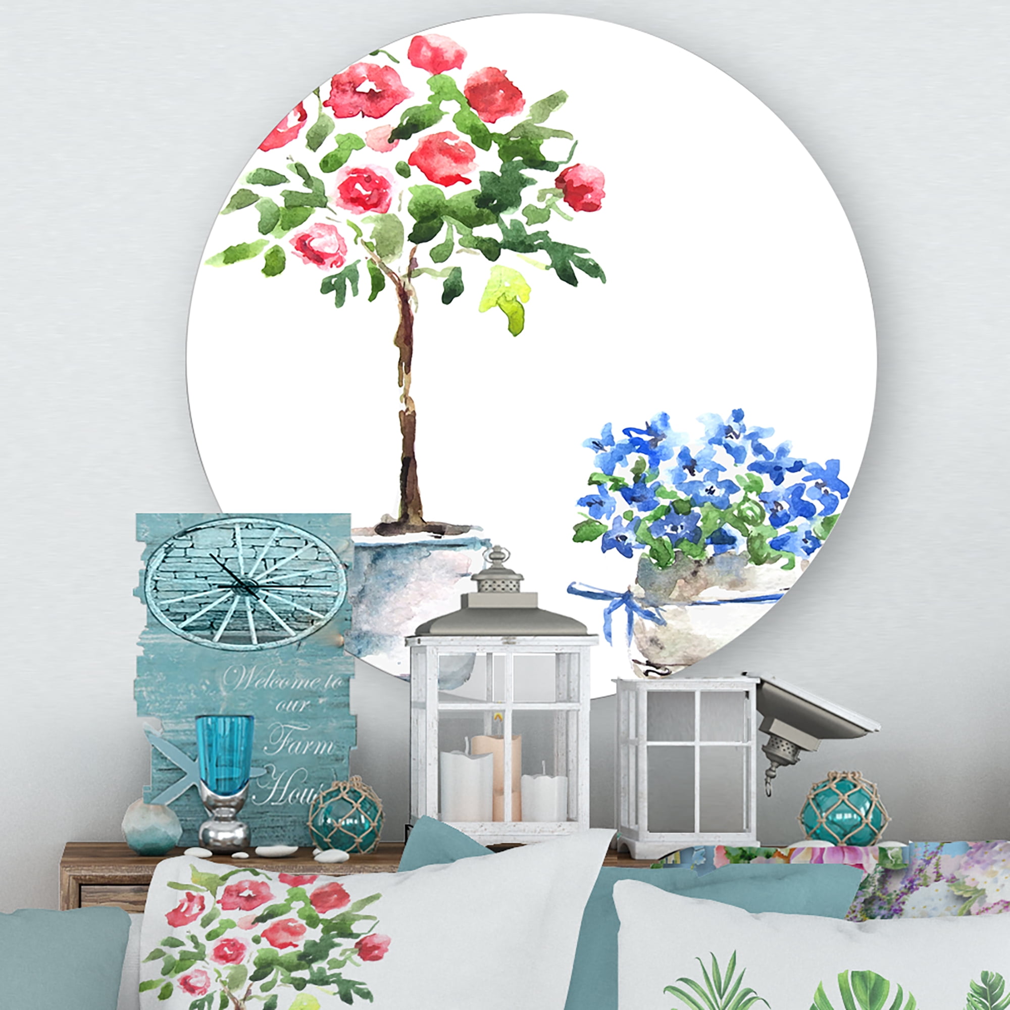 Designart 'Red and Blue Houseplants' Traditional Circle Metal Wall Art 23x23 - Disc of 23