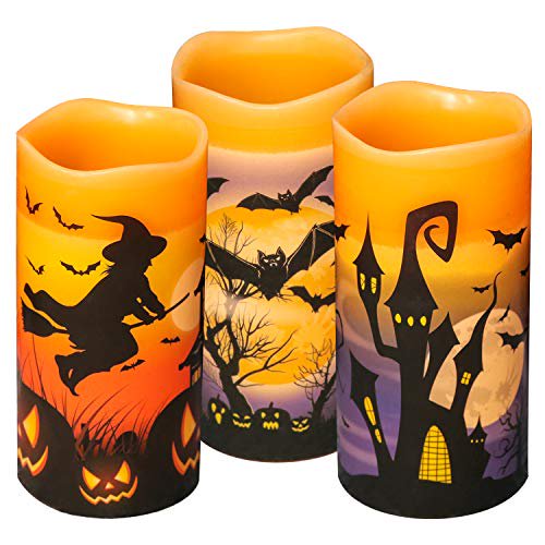 Eldnacele Bougies LED Vacillantes Sans Flamme d'Halloween avec Minuterie de 6 Heures, Bougies en Cire à Piles Assortiment de Décalcomanies Sorcière, Chauves-Souris, Château Ensemble de 3 pour Décoration