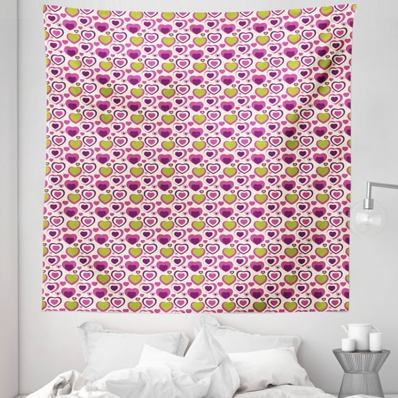 Hearts Tapestry, Hearts in Pastel Tones Love Theme Romance Relationship, Fabric Wall Hanging Decor for Bedroom Living Room Dorm, 5 Sizes, Dark Magenta Purple, by Ambesonne