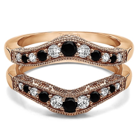 TwoBirch Vintage Style Filigree and Milgraining Contour Ring Guard In Sterling Silver With Black and White Diamonds (G,I2) (0.75ctw)