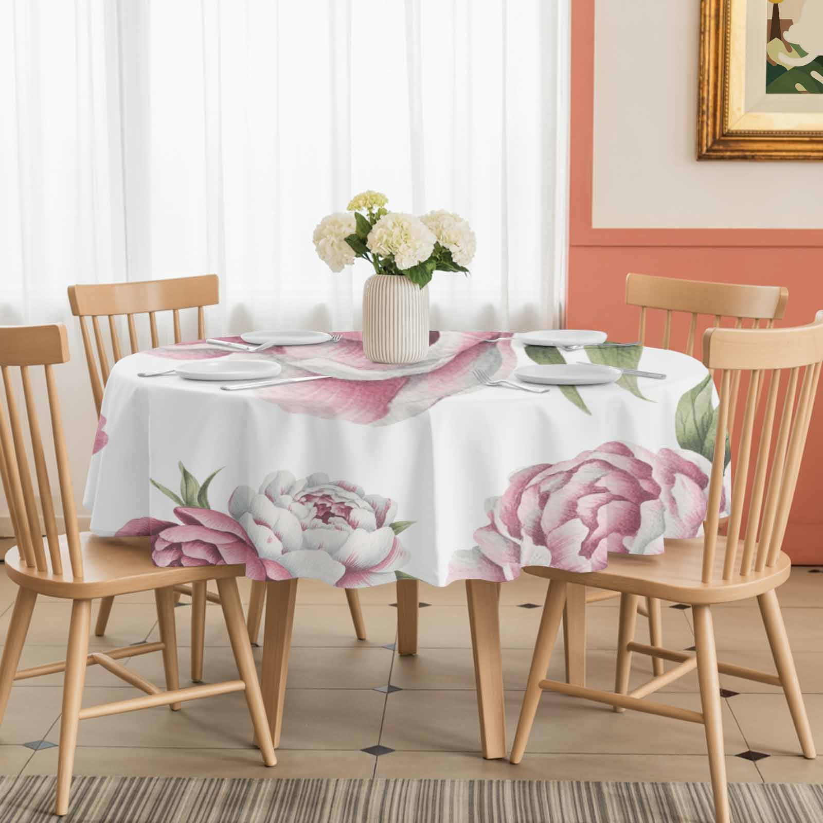 Round Tablecloth Pink Rose Vintage Floral Waterproof Oil Proof Polyester Table Cloth Cover Decor for Home Dining Outdoor,Patio,Parties, 54" Dia. Watercolor Flower Pattern