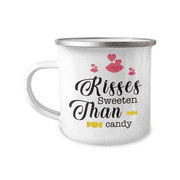 Kisses Sweeten Than Candy, Valentine Mug, Lovers Coffee Mug, Couple Mug-12 oz Stainless Steel Enamel Finish White Camper Coffee Mug