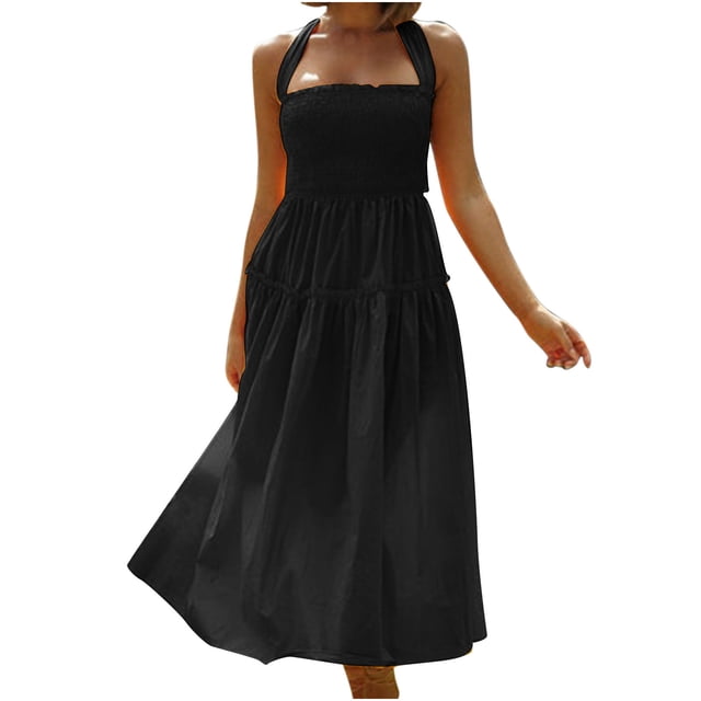 Weiqiqre Robes pour Femmes Grande Taille Solde de Feu Robe d'Été Décontractée de Plage pour Femmes à Col Licou Sans Manches Unie