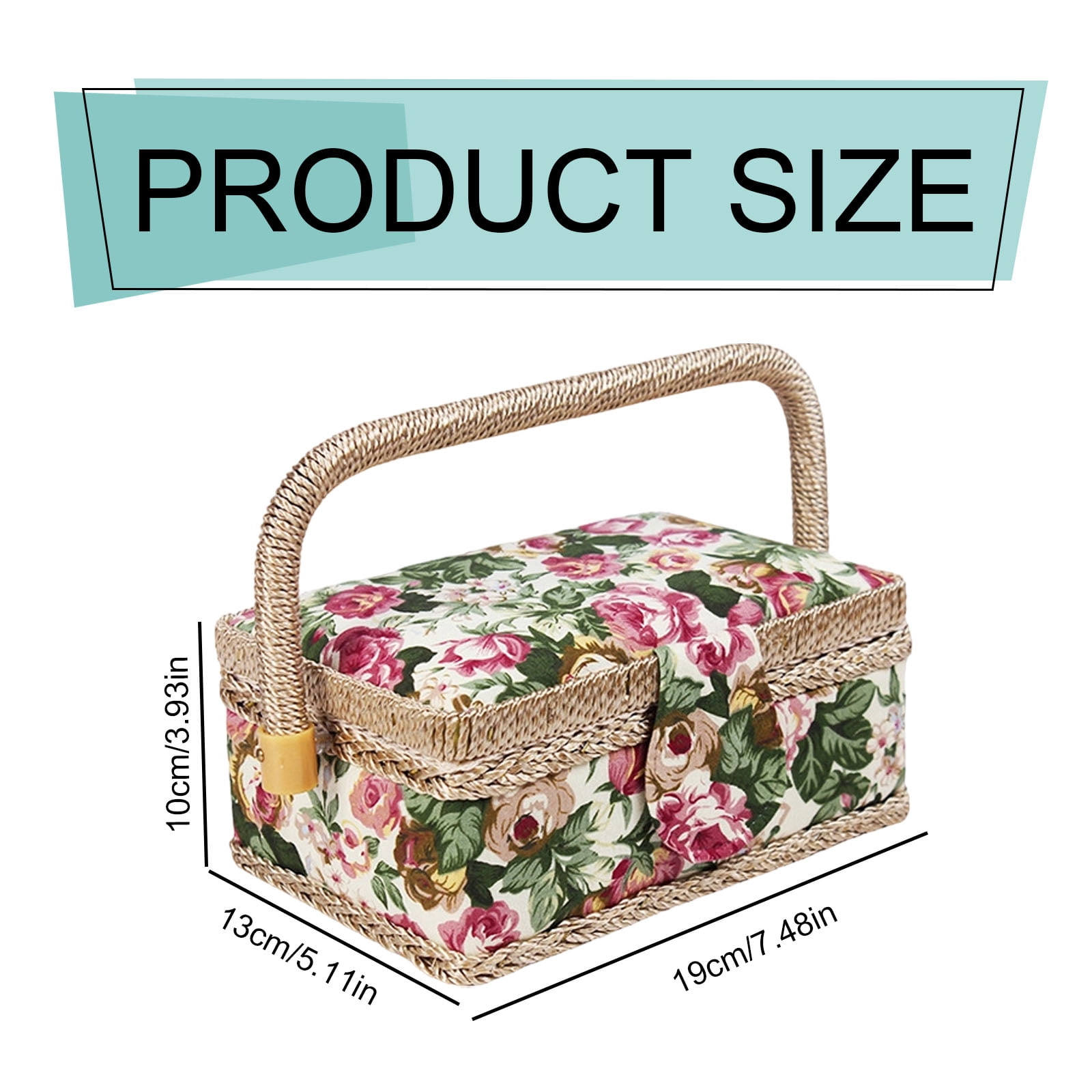 Gnwei Large Vintage Sewing Basket, Sewing Basket with Rose Floral Print Design- Sewing Kit Storage Box with Removable Tray, Built-In Pin Cushion and Interior Pocket - 7.5" x 5.1" x 3.9"